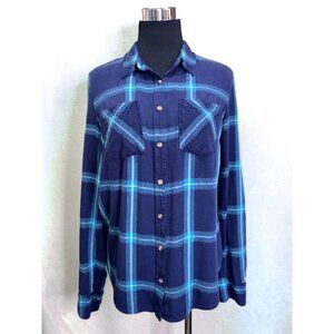 A New Day Soft Flannel Shirt Buttons Pockets Navy/Teal Sz Women M #q
